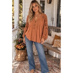 Hannah Rust Crochet Eyelet Boho Chic Peasant Long Balloon Sleeve V-Neck Top Larg